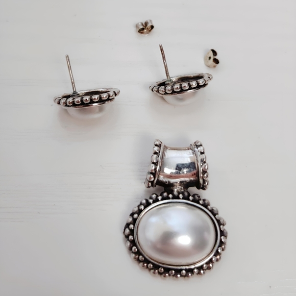 Vintage Sterling Silver SET Faux Pearl Slider Pendant and Post back Earrings - Picture 8 of 9